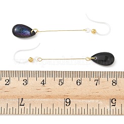 電気メッキ304ステンレス鋼樹脂ダングルイヤリング  ティアドロップ  ゴールドカラー  ブラック  58.5x8mm&nbsp;EJEW-Z129-06G-02