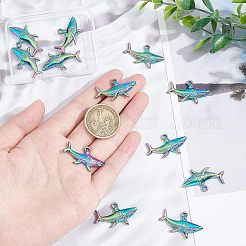 ラックメッキ304ステンレススチールペンダント12個  カドミウムフリー＆ニッケルフリー＆鉛フリー  鮫  虹色  17.5x32x3.5mm  穴：2mm&nbsp;STAS-UN0036-36