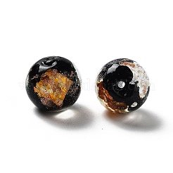 手作りランプワークビーズ  金銀箔付き  オーバル  ブラック  11.5~12x11~11.5mm  穴：1.8~2mm&nbsp;LAMP-H065-01N