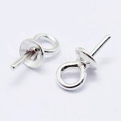 925の純銀製のカップパールの保釈ピンペンダント  片穴パーツ用  銀  7x3mm  穴：1.5mm  ピン：0.6mm&nbsp;STER-F036-04S-3mm