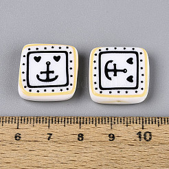 印刷された不透明樹脂ビーズ  正方形  笑顔  19~20x19~20x6mm  穴：1.4mm&nbsp;RESI-N043-10B