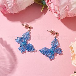 ガラスシードビーズのダングルスタッドピアス  304ステンレススチール製金具付き  蝶  ドジャーブルー  40x28mm&nbsp;EJEW-MZ00168-02