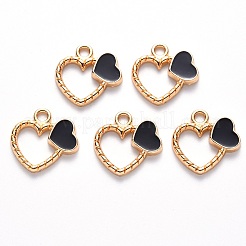 合金エナメルチャーム  ハート  ライトゴールド  ブラック  18x18x2.5mm  穴：2mm&nbsp;ENAM-S121-045B
