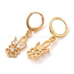 ラックメッキゴールデンブラスダングルフレンチフックピアス  キュービックジルコニア付き  花  透明  33.5x8.5mm&nbsp;EJEW-B037-18G