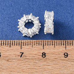 真鍮製マイクロパヴェキュービックジルコニアヨーロピアンビーズ  ロンデルホイールの大きな穴のビーズ  カドミウムフリー＆鉛フリー  ラックめっき  長持ちメッキ  925銀メッキ  10.5x4mm  穴：4.8mm&nbsp;KK-C157-09C-S