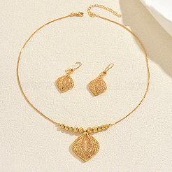 Vintage Brass Hollow Geometric Rhombus Pendant Necklace & Hook Earring Set for Women Events&nbsp;BE3465