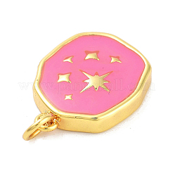本物の 18k ゴールド メッキ ラック メッキ真鍮エナメル ペンダント  丸カン付き  長持ちメッキ  鉛フリー＆カドミウムフリー  不規則なフラットラウンド、スターチャーム付き  ショッキングピンク  19x14.5x3mm  穴：3mm&nbsp;KK-M293-29G-02