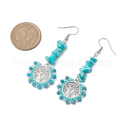 ガラスと合金、天然アパタイトのダングルイヤリング  命の木  ブルー  70x26x12mm&nbsp;EJEW-MZ00218-02
