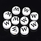 Handmade Porcelain Beads, Horizontal Hole, Flat Round with Letter, White, Letter.W, 8~8.5x4.5mm, Hole: 2mm