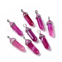 Natural Agate Double Terminated Pointed Pendants, with Random Alloy Pendant Hexagon Bead Cap Bails, Bullet, Platinum, 37~40x12mm, Hole: 3mm
