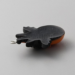 不透明樹脂ペンダント  ハロウィンチャーム  プラチナメッキ鉄ループ付き  ダークオレンジ  バット模様  34x28x7.5mm  穴：2mm&nbsp;RESI-WH0001-04G