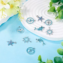 10本5スタイルアロイペンダント  ラインストーン付き  プラチナ  アクアマリン  16.7~21.5x13~16.5mm  2個/スタイル&nbsp;FIND-TADJ0001-26C