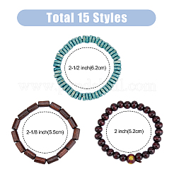 15個 15スタイルのラウンド＆コラム＆ディスク木製ビーズストレッチブレスレットセット  ミックスカラー  内径：2~2-1/2インチ（52~62mm）  1個/スタイル&nbsp;BJEW-FI0001-26