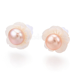 天然パール＆ホワイトシェルフラワースタッドピアス  925つのスターリングシルバーピン付き  貝殻色  10x14.5mm  ピン：0.8mm&nbsp;PEAR-N020-05J