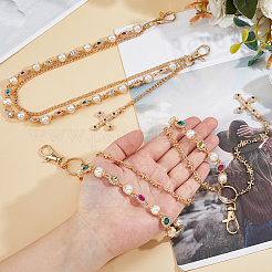 2個 2スタイル アクリル カラフル ラインストーン & ラウンド プラスチック パール リンク チェーン 二重層 合金 クロス チャーム ジーンズ チェーン  ライトゴールド  470~474mm  1個/スタイル&nbsp;AJEW-HS0001-26KCG