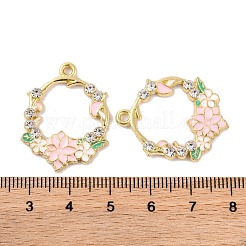メッキ合金エナメルチャームラック  ラインストーン付き  ゴールドカラー  花輪のチャーム  ピンク  28.5x22x2.5~3mm  穴：1.2mm&nbsp;FIND-M020-03A-G