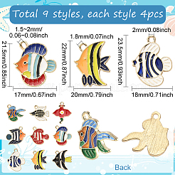 36 個 9 スタイルオーシャンテーマ合金エナメルペンダント  魚のチャーム  ゴールドカラー  ミックスカラー  18.5~23.5x16.5~20x1.5mm  穴：1.6~2mm  4個/スタイル&nbsp;ENAM-SC0006-96