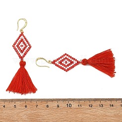 ガラスシードビーズと真鍮のドロップピアス（女性用）  菱形  ポリコットン製のタッセルイヤリング  ゴールドカラー  ミックスカラー  78x18.5mm&nbsp;EJEW-MZ00800
