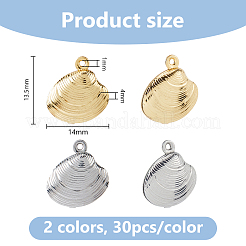 60個2色304ステンレススチールチャーム  シェル形状  ミックスカラー  13.5x14x4mm  穴：1mm  30個/カラー&nbsp;STAS-DC0016-34