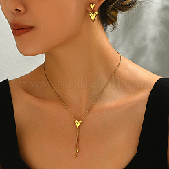 Sweet and Simple 201 Stainless Steel Heart Tassel Stud Earrings & Necklaces Set for Women&nbsp;EJ7179
