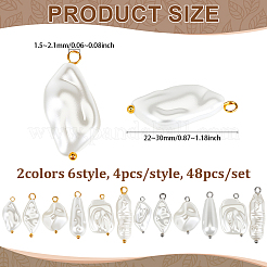 48個 2色 6スタイル ABSプラスチック模造真珠ペンダント  真鍮パーツ  プラチナ·ゴールデン  22~30mm  穴：1.5~2.1mm  4個/スタイル&nbsp;PALLOY-PH01797