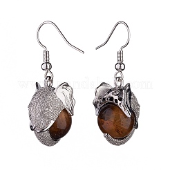 Natural Tiger Eye Elephant Head Dangle Earrings&nbsp;EJEW-A092-07P-04