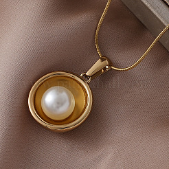 304 Stainless Steel with White Imitation Pearl Half Round Pendant Necklaces for Women and Girls&nbsp;EO0407