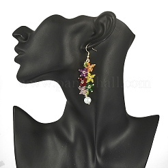 アクリルビーズの花とイミテーションパールのダングルイヤリング  女性用ゴールデン 304 ステンレス ワイヤー ラップ ジュエリー  カラフル  72mm  ピン：0.7mm&nbsp;EJEW-MZ00061