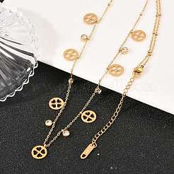 Saint Patrick's Day 304 Stainless Steel Crystal Rhinestone Flat Round and Clover Tassel Bib Necklaces for Women&nbsp;NJEW-A064-01G