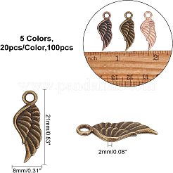 100本5色チベット風アロイペンダント  カドミウムフリー＆鉛フリー  ウイング  ミックスカラー  21x8x2mm  穴：2mm&nbsp;FIND-FH0003-23