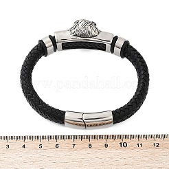 編み込みマイクロファイバーレザーコードブレスレット  304ステンレススチール製ライオンブレスレット（女性・男性用）  磁気バックル付き  ブラック  8-1/4x1/2インチ（21x1.15~2.75cm）&nbsp;BJEW-D304-19AS-01