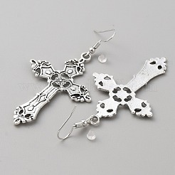 女性用ボヘミア合金ダングルイヤリング  アンティークシルバー＆プラチナ  クロス模様  70.5mm  ピン：0.8mm&nbsp;EJEW-WH0009-42C
