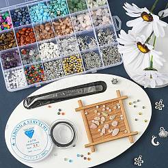DIYジュエリー作成キット  ジェムストーンチップビーズ  サン＆ムーン＆クラウンアロイペンダント16個  350個のプラスチック/ガラス/真鍮ビーズ  真鍮と鉄のパーツ  亜鉛合金の留め金  伸縮性のある糸  ワイヤーとピンセット  ミックスカラー  ジェムストーンチップビーズ：160g /セット&nbsp;DIY-FS0001-53