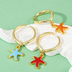 Starfish Brass Enamel Open Cuff Rings for Women&nbsp;RJEW-U057-03G