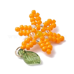 ガラスシードビーズの花のペンダント  アクリルリーフビーズと304ステンレススチールの丸カン付き  オレンジ  21.5x17.5x5mm  穴：3mm&nbsp;PALLOY-TA00345-02