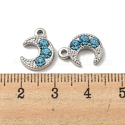 304ステンレススチールチャーム  アクアマリンラインストーン付き  三日月  ステンレス鋼色  13.5x10x3mm  穴：1.6mm&nbsp;STAS-L022-060P-02