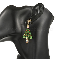 ガラスダングルピアス  女性用真鍮キュービックジルコニアスタッドピアス  クリスマスツリー  ゴールドカラー  グリーン  55x21mm&nbsp;EJEW-MZ00803