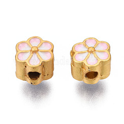 ラックメッキ合金エナメルビーズ  カドミウムフリー＆鉛フリー  マットゴールドカラー  花  ピンク  7x7x6.5mm  穴：2mm&nbsp;ENAM-N056-021B