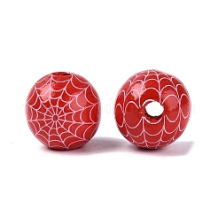 ハロウィン プリント クモの巣 カラー木製ヨーロッパ ビーズ  大穴ビーズ  ラウンド  レッド  16mm  穴：4mm&nbsp;WOOD-K007-04E