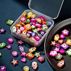 120個6スタイルの天然淡水シェルビーズ連売り  エナメル  染め  ハムサの手/ミリアムの手＆フラットラウンド＆ハート＆スクエア＆フラワー＆スターウィズイービルアイ  ミックスカラー  8~13x8.5~14x3~5mm  穴：0.8mm  20個/スタイル&nbsp;SHEL-LS0001-07