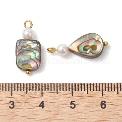 天然パウア貝と丸いホワイトシェルパールのペンダント  真鍮製のループが付いた菱形のハート型長方形チャーム  混合図形  ゴールドカラー  18~20.5x8~10x3~3.5mm  穴：2mm&nbsp;PALLOY-JF05230