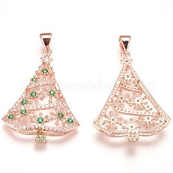 真鍮製マイクロパヴェキュービックジルコニアペンダント  カドミウムフリー＆鉛フリー  クリスマスツリー  グリーン  ローズゴールド  29.5x22.5x4mm  穴：3.5x5mm&nbsp;ZIRC-F086-03RG