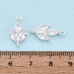 真鍮パヴェクリアキュービックジルコニアリーフリンクコネクタチャーム  ニッケルフリー  銀  18x9.5x3~4mm  穴：1~1.2mm&nbsp;KK-D024-08S