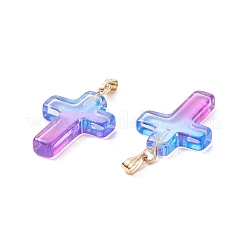 ツートン透明ガラスペンダント  ゴールデンメッキ鉄パーツ  クロス  ディープスカイブルー  28.5x18x4.5mm  穴：5.5x3mm&nbsp;LS-GLAA-A004-02F