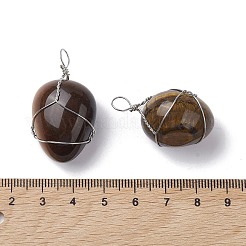 ナチュラルタイガーアイ銅線巻きペンダント  ナゲットチャーム  プラチナ  29.5~37x14~22x9.5~17.5mm  穴：2.2mm&nbsp;G-C110-06C-P