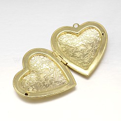 刻まれたハートのラックメッキ真鍮フォトロケットペンダント  無鉛の  ゴールドカラー  42x40x10mm  穴：2mm  インナー：31x30mm&nbsp;X-KK-N0096-18G-LF