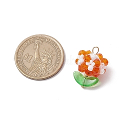 ガラスチャーム  花  ガラスシードビーズと304ステンレススチールループ付き  多面カット  ダークオレンジ  22x15.5mm  穴：3mm&nbsp;PALLOY-MZ00672-02
