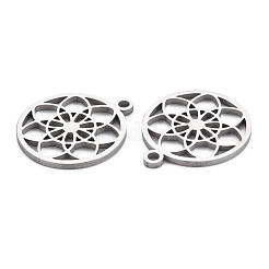 変色しない304ステンレススチールペンダント  レーザー切断  花と環  ステンレス鋼色  19x16x1mm  穴：1.6mm&nbsp;STAS-N095-044