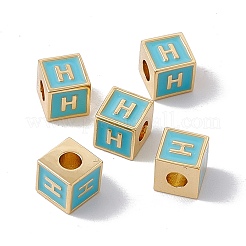 メッキ真鍮エナメルビーズラック  カドミウムフリー＆ニッケルフリー＆鉛フリー  18KGP本金メッキ  文字付きのキューブ  空色  文字.h  6x6x6mm  穴：2.5mm&nbsp;KK-B060-04G-06H