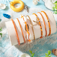 2 Bags Summer Beach Glass Seed Beaded & Natural Shell & Alloy Starfish Charm Anklet Sets&nbsp;AJEW-TA0003-69C
